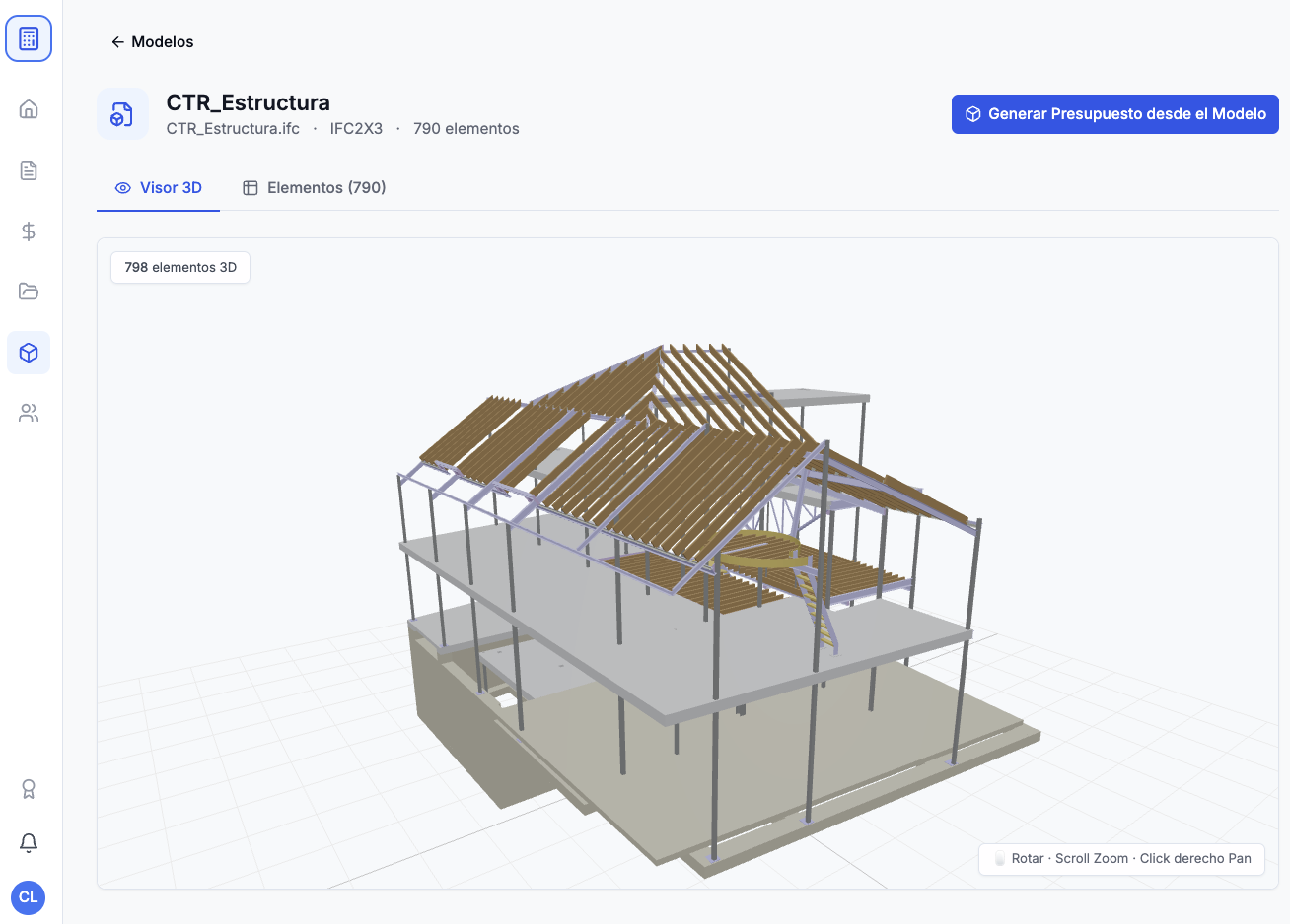 Visor 3D de modelo BIM estructural en la plataforma OneEstimate con 790 elementos IFC